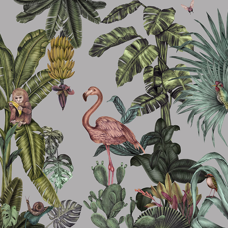 Grey & Green Exotic Bird Monkey Jungle Mural pattern image