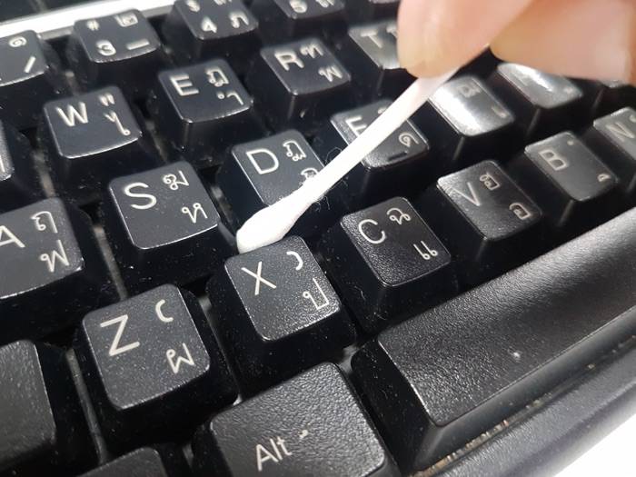 Photo of cotton bud used to clean a keyboard