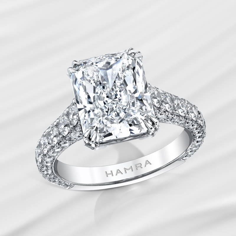 engagement ring with a radiant cut diamond