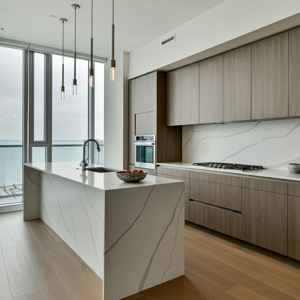 Modern Streeterville condominium kitchen featuring sleek cabinetry, integrated appliances, and a waterfall quartz island. Floor-to-ceiling windows frame Lake Michigan views, while minimalist pendant lighting and wide-plank flooring complete the contemporary aesthetic that dominates this neighborhood's luxury properties.