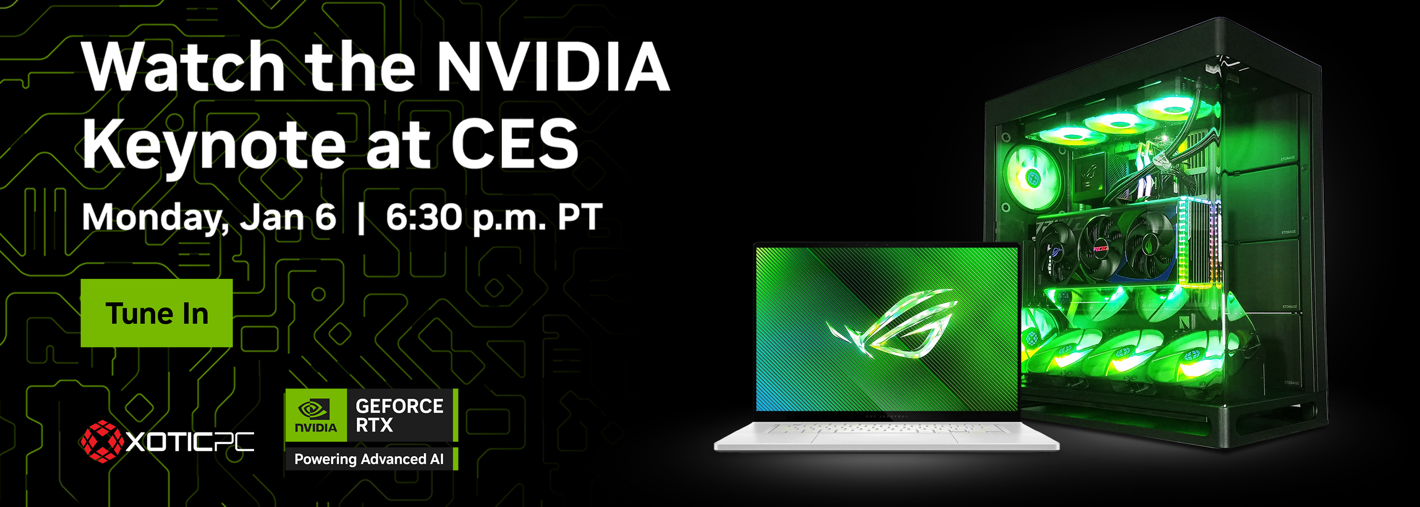 Promotional banner for the NVIDIA Keynote at CES, featuring an NVIDIA GeForce RTX graphic from XOTIC PC, alongside a gaming laptop and desktop illuminated in green.