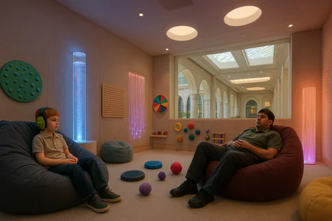 Child with headphones and adult relax in a sensory room with a glowing bubble tube, fiber optic lights, and beanbags.
