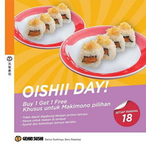 Genki Sushi: PROMO Oishii Day! Buy 1 Get 1 Makimono favorit! sampai 09/19/2019
