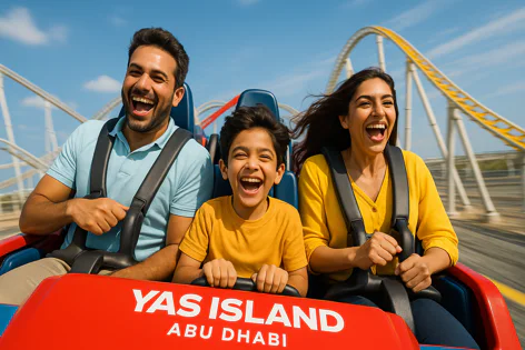 A happy family of three, including a man, woman, and child, laughing while riding a red rollercoaster at Yas Island, Abu Dhabi.