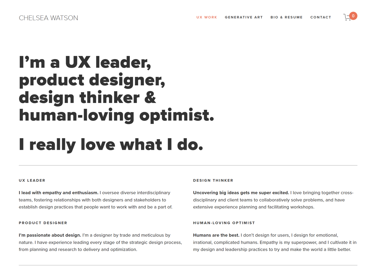 Screenshot of Chelsea Watson, from the product designer portfolios collection.