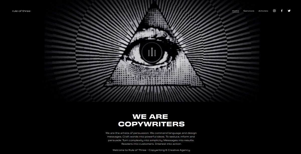 Screenshot of Rule of Three, from the copywriting portfolios collection.