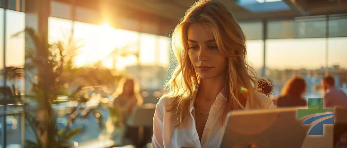 Young nurse and professionals engaging with technology in modern office