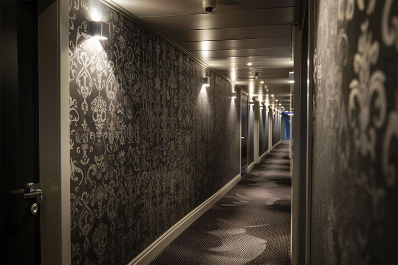 a corridor on a cruise ship with a black damask IMO certified wallpaper and wallcovering suitable for marine projects