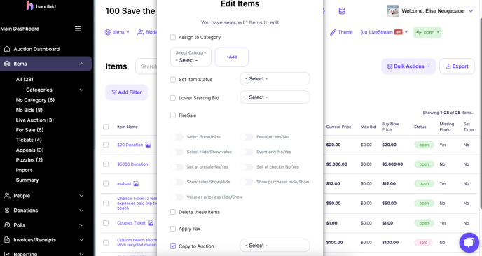 Bulk Actions- Copy items to Auction
