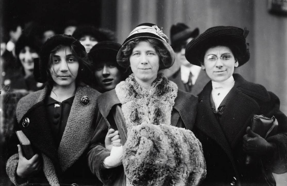 14-year-old suffrage and labor activist Flora Dodge "Fola" La Follette, social reformer and missionary Rose Livingston, and a young striker in New York City, 1913