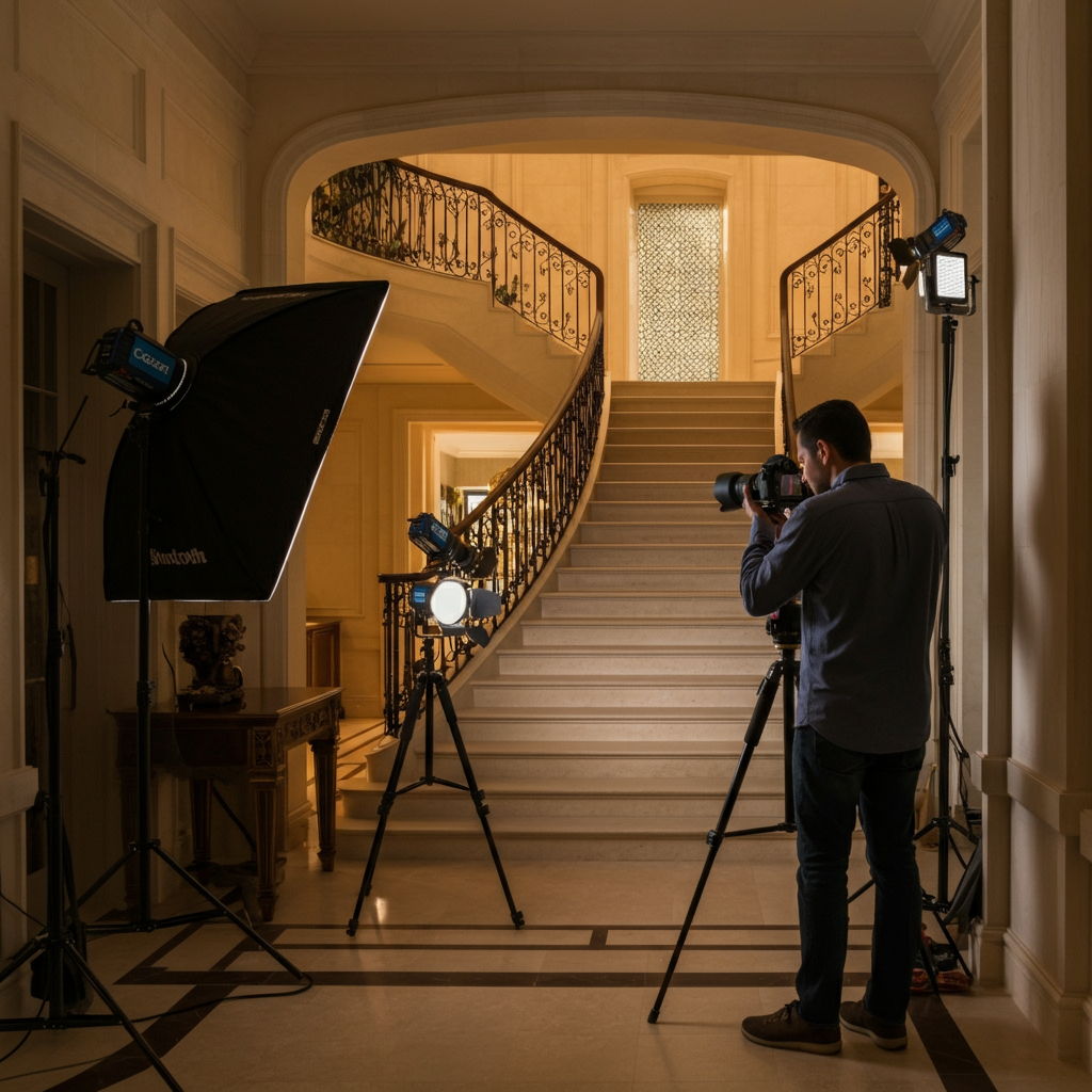 Professional photographer capturing a Gold Coast mansion's grand staircase using specialized architectural lighting equipment. The scene shows multiple light setups, a tripod with high-end camera, and careful attention to highlighting the home's craftsmanship and proportions for marketing materials.