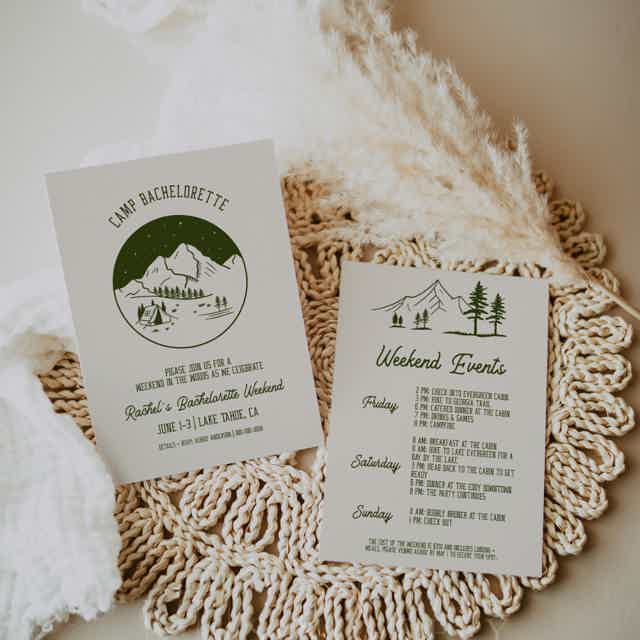 Camping bachelorette invitation: tent under night sky, beige background, green text. Perfect for outdoor adventure!
