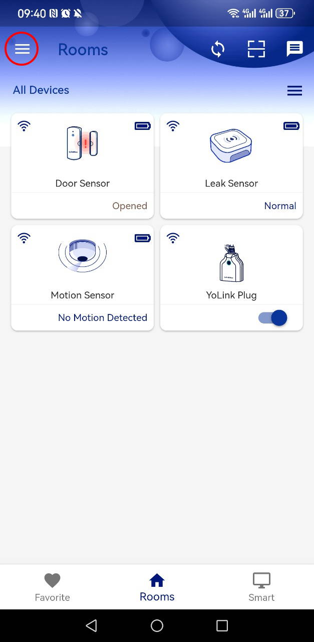 Home screen showing a list of smart devices. Tap the menu button in the top left corner to open navigation options.