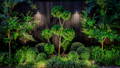 Warm garden spike lighting paired with architectural wall lights brings texture, contrast, and depth to the lush landscape by Havit Lighting.