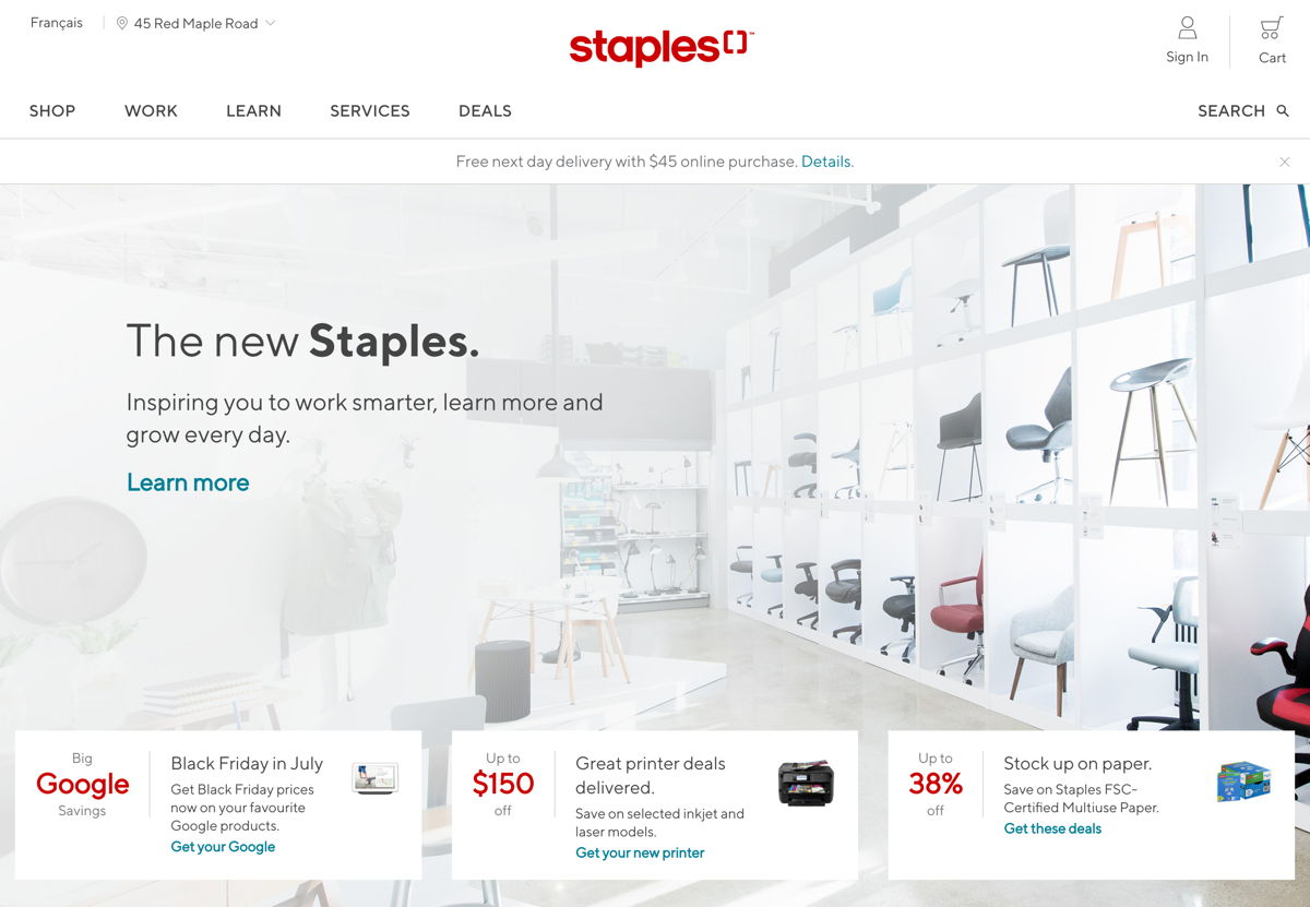 Screenshot of Staples, from the shopify stores collection.