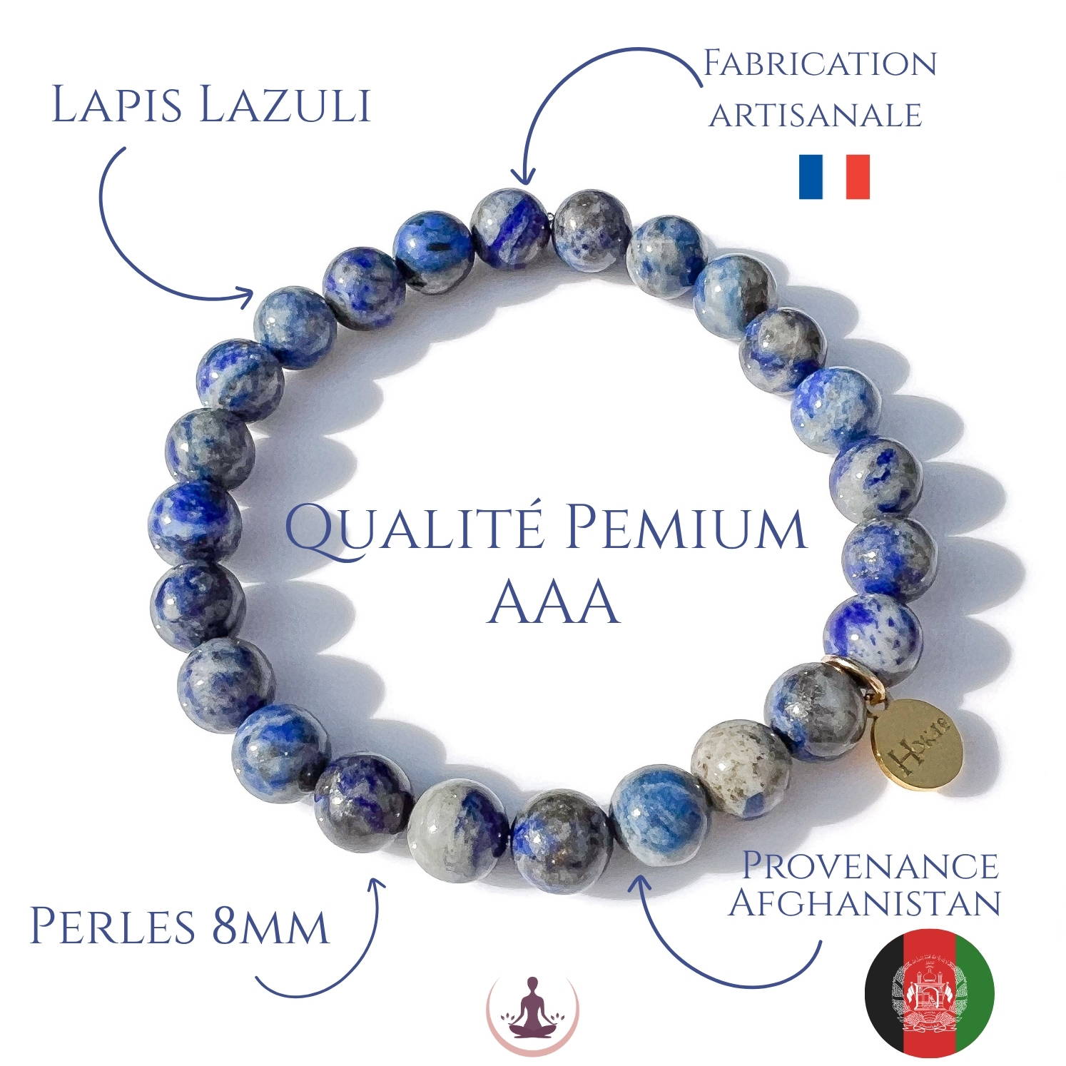 Bracelet en Lapis-Lazuli Hokee Minéraux, perles 8 mm, fabrication artisanale française, qualité AAA, provenance Afghanistan.