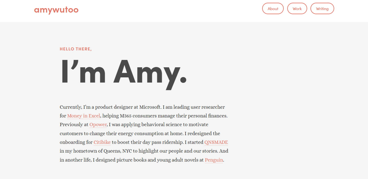Screenshot of Amy Wu, from the squarespace portfolio examples collection.