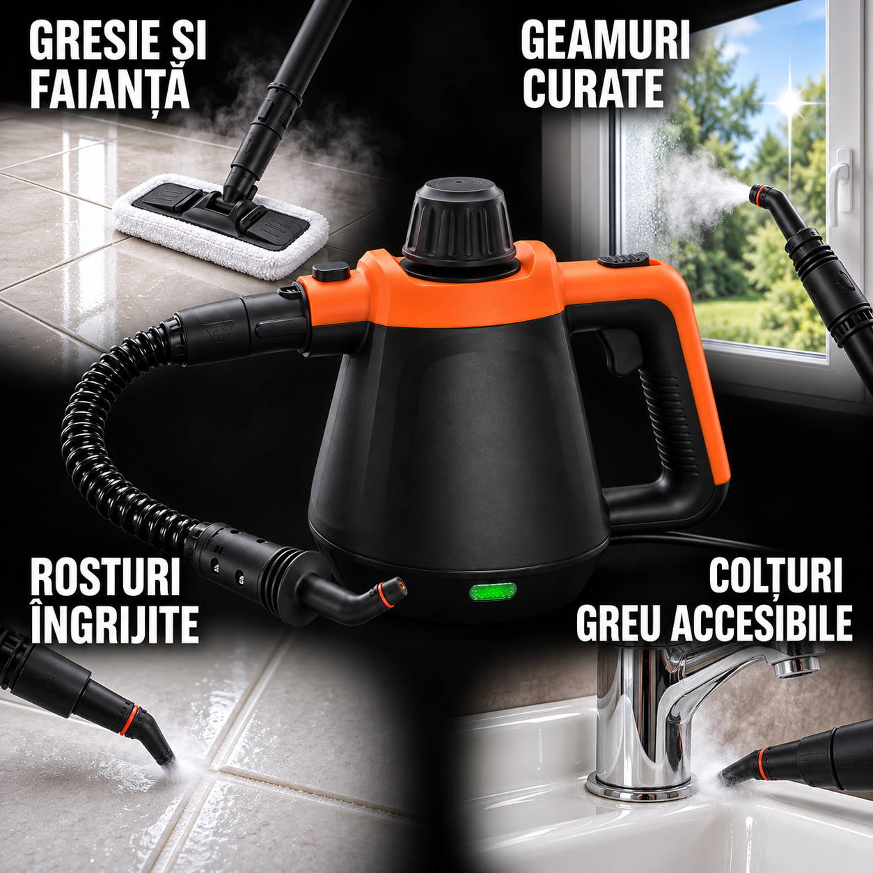 Aparat de curățat cu abur pentru gresie și faianță, geamuri curate, rosturi și colțuri greu accesibile.