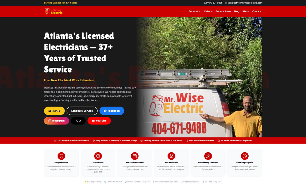 Screenshot of Mr. Wise Electric, from the godaddy airo websites collection.