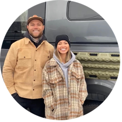 A young man and woman stand in front of a Mercedes Sprinter van with Flarespace flares