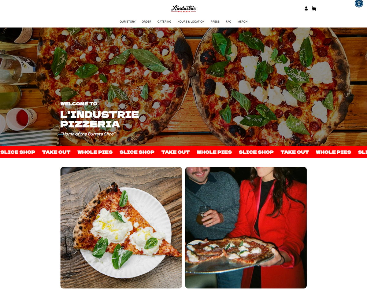 Screenshot of L'Industrie Pizzeria, from the pizza place websites collection.