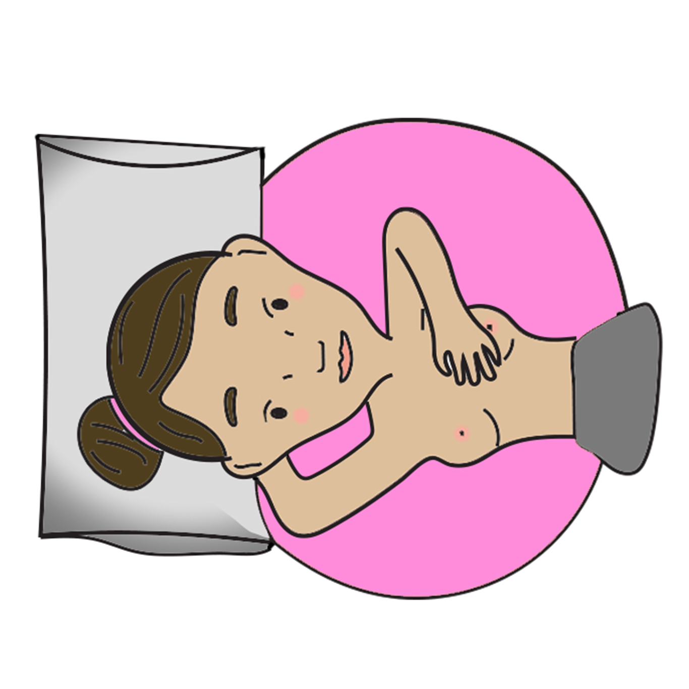 STEP 2: LYING DOWN CHECK. Lying on your back helps flatten your breast tissue, making it easier to examine. Use the pads of your three middle fingers moving around the entire breast in a circular pattern. Cover the entire breast area from your breastbone to your armpit and from the bottom of your breast to your collarbone. Feel for any lumps or thickened areas.