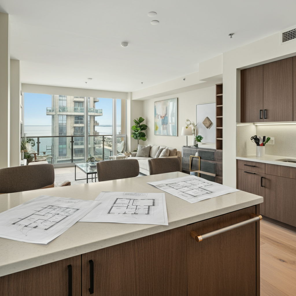 A Streeterville condominium appraisal in progress, with an appraiser measuring the spacious living area while taking notes on the premium finishes and lake views. Floor plans and comparable property listings are spread across the kitchen island, illustrating the appraisal process that can create challenges in unique luxury properties.