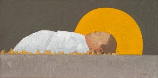 Minimalist painting of infant Jesus asleep in a manger. 