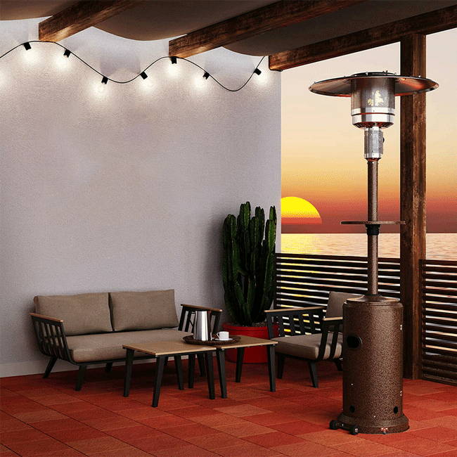 48000 BTU Patio Heater, Propane Patio Heater Standing with Wheels and Table, Large, Garden Treasures, Outdoor Table Top Heater With Adjustable Thermostat