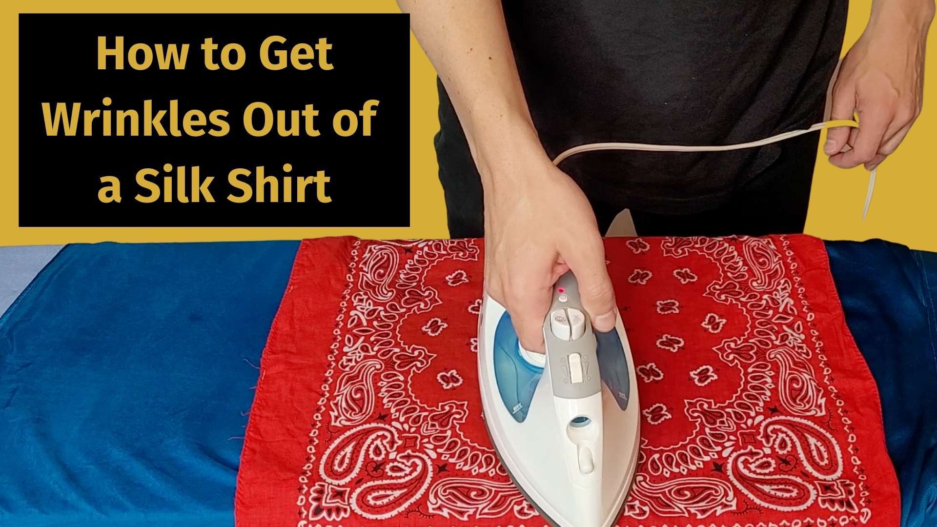 how to get wrinkles out of a silk shirt banner image with a picture of a man ironing a silk shirt on an ironing board