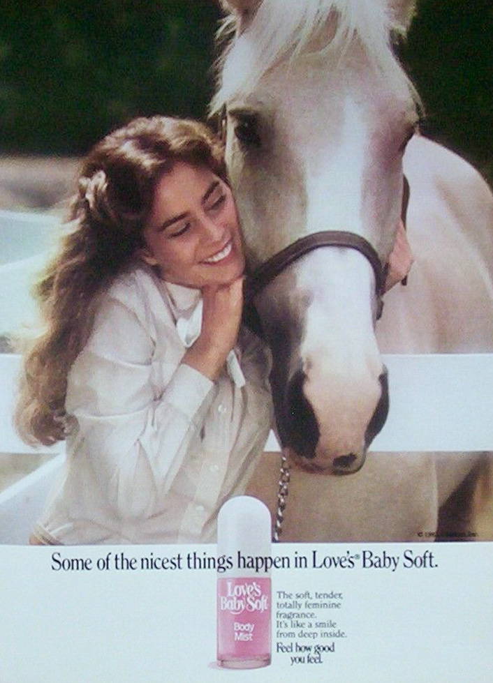 Love's Baby Soft vintage ad of a girl and a horse: "Some of the nicest things happen in Love's Baby Soft"