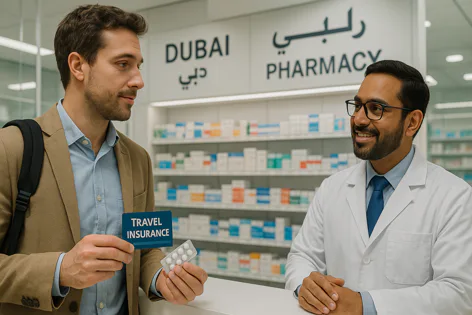 A man holding a travel insurance card and a blister pack of pills talks to a smiling pharmacist in a Dubai pharmacy with shelves full of medicine behind them.
