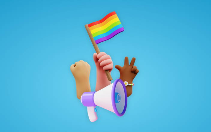 Cartoon hands holding a Pride flag and megaphone (preview)