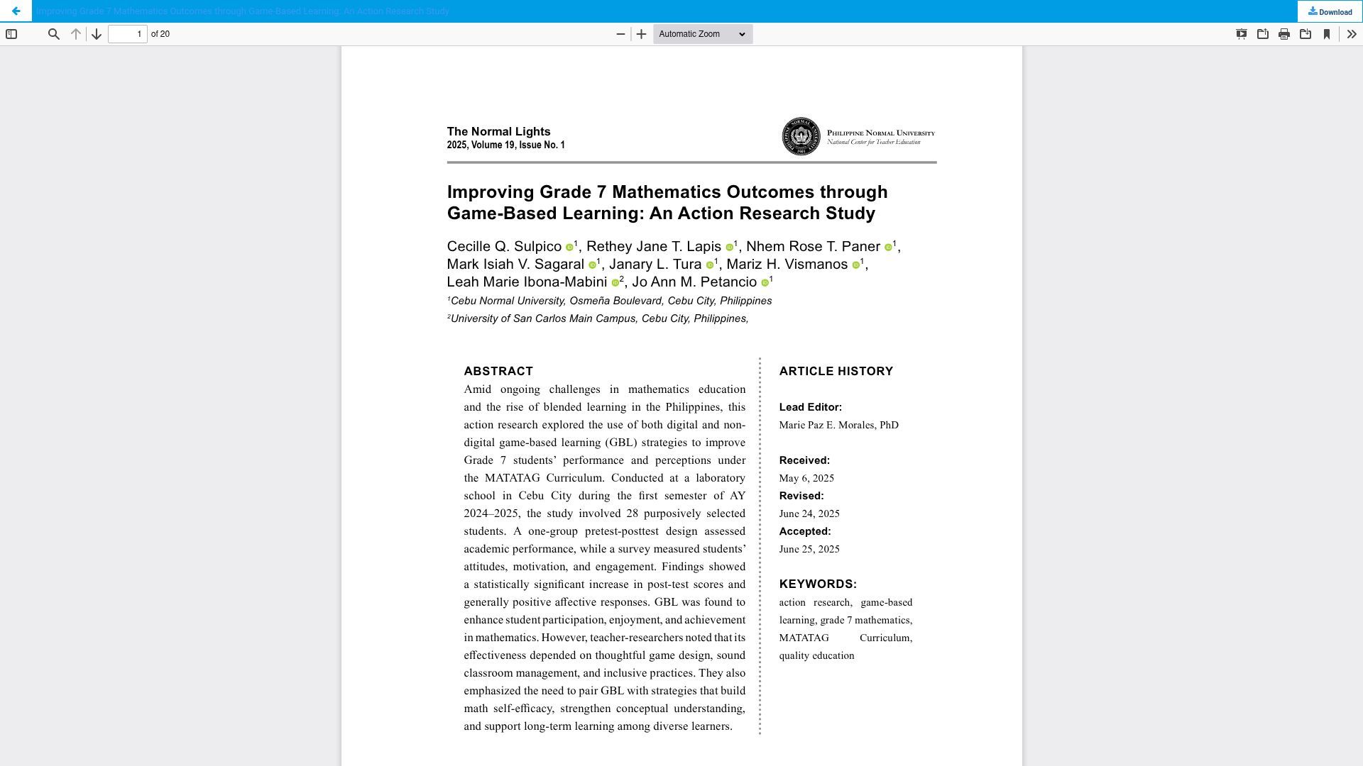 Improving Grade 7 Mathematics Outcomes through Game-Based Learning