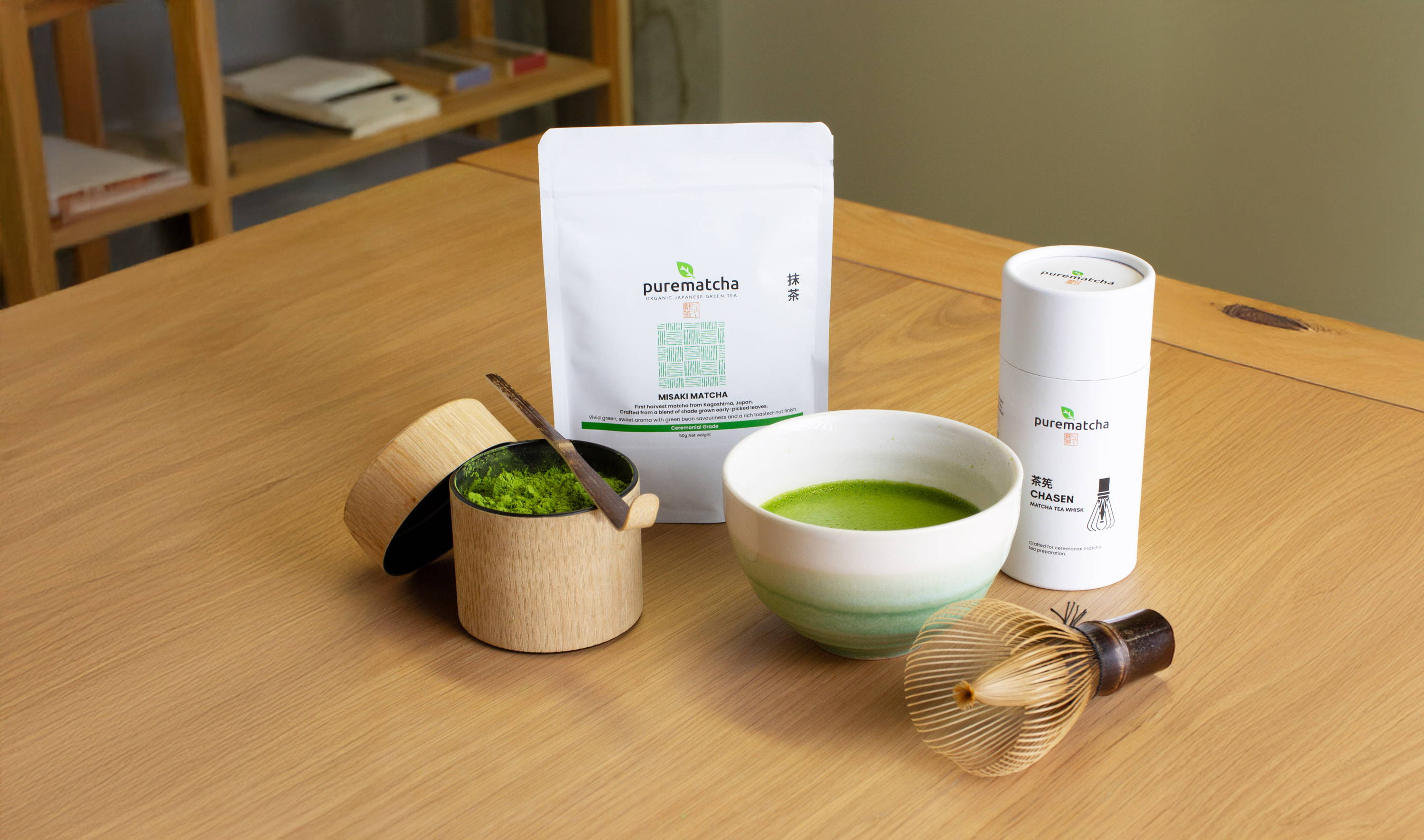 Image of Japanese matcha tea set on placed on an oak wood table