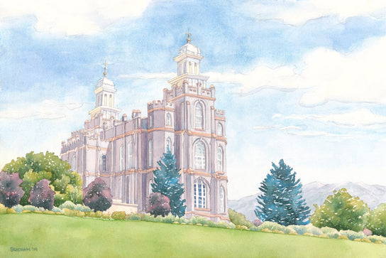 Painting of the Logan Temple on a green hill. 