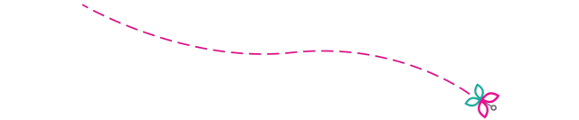 Pink dashed curved line bending from top-left to bottom-right, with teal-and-pink flower-like accents at end.