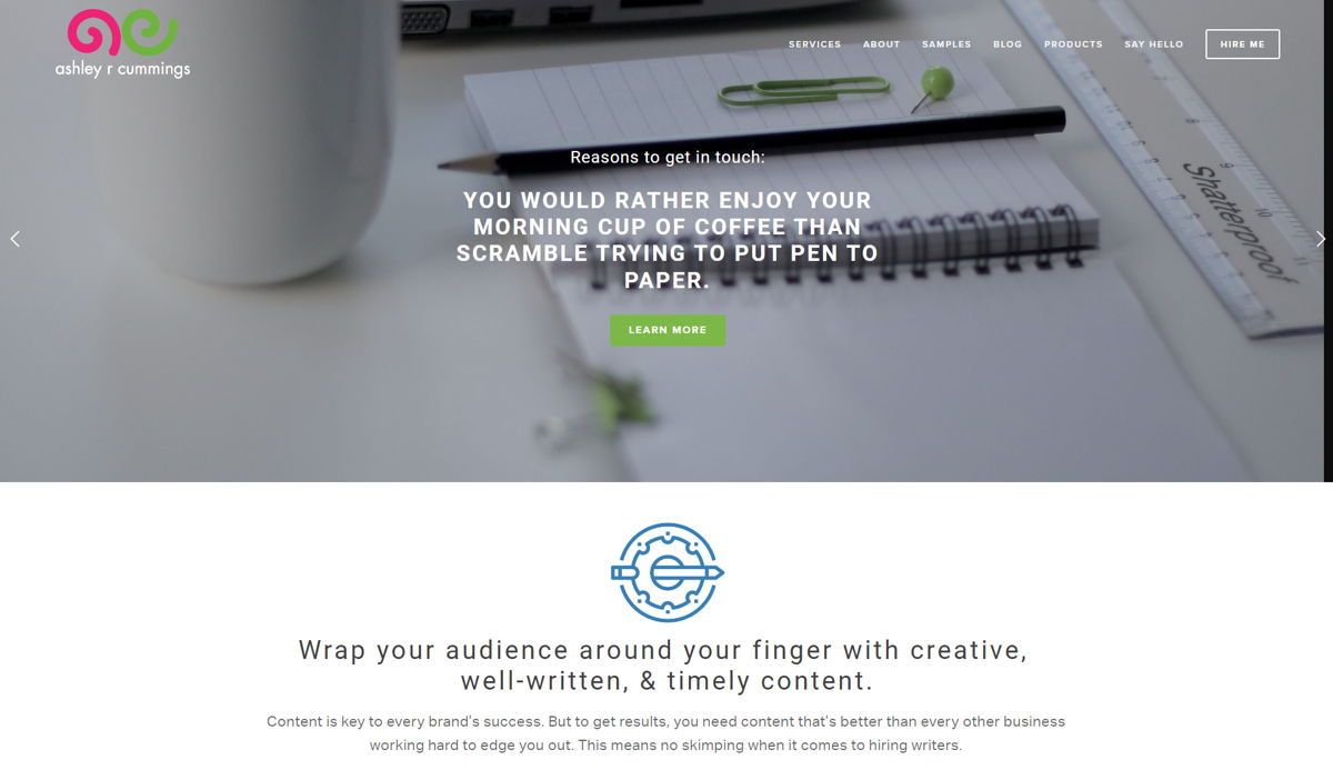 Screenshot of Ashley R. Cummings, from the copywriting portfolios collection.