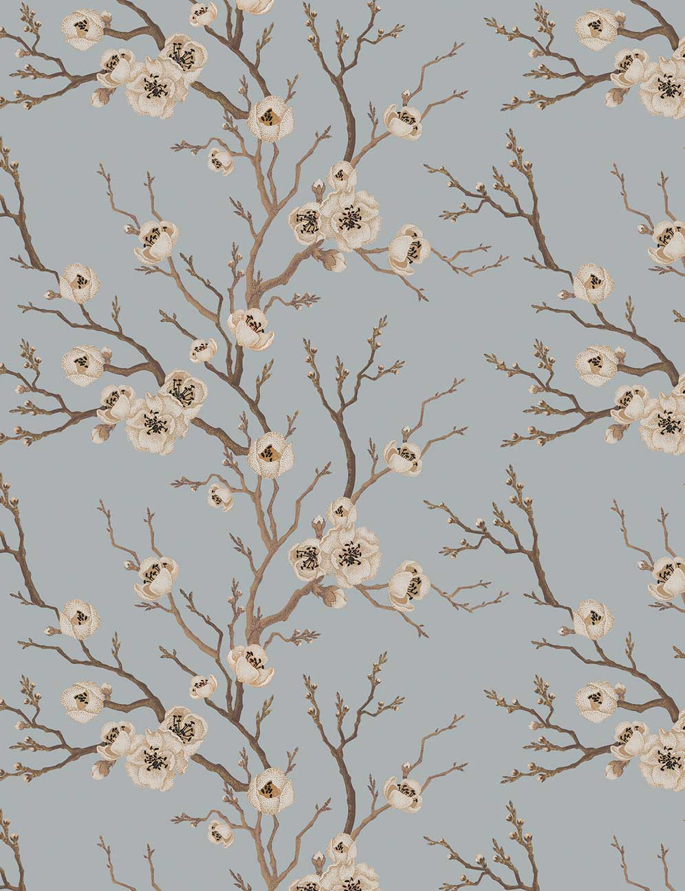 Blue & Grey Japanese Floral Tree Wallpaper pattern image