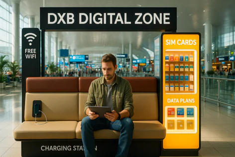 Man uses tablet on a charging bench with free WiFi in an airport DXB Digital Zone, next to a vending machine selling SIM cards and data plans.