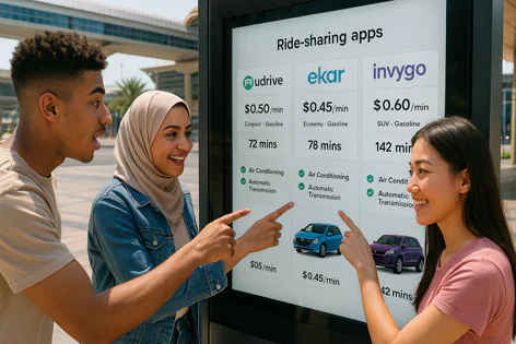 Diverse young people point at a large digital screen outdoors comparing ride-sharing app options, prices, and car types.