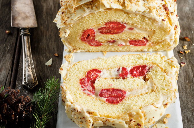 Maple, Raspberry and White Chocolate Yule Log