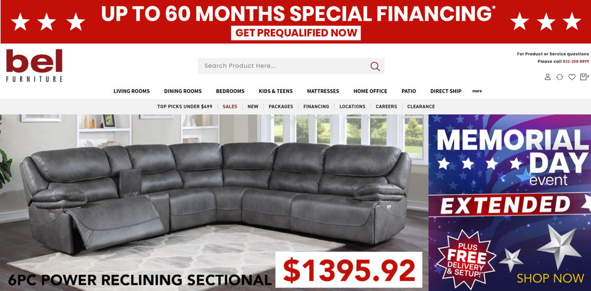 Screenshot of Bel Furniture , from the shopify furniture stores collection.