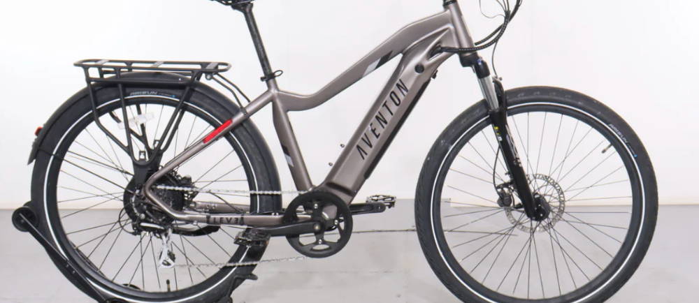 a tan aventon level.2 electric commuter bike