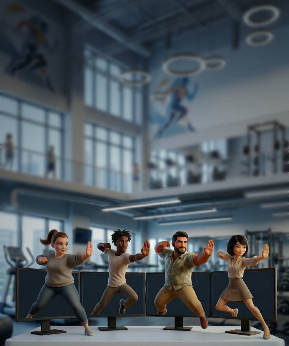 Four small people, like little action figures, doing fighting moves on a desk (in an office) with screens behind them. 