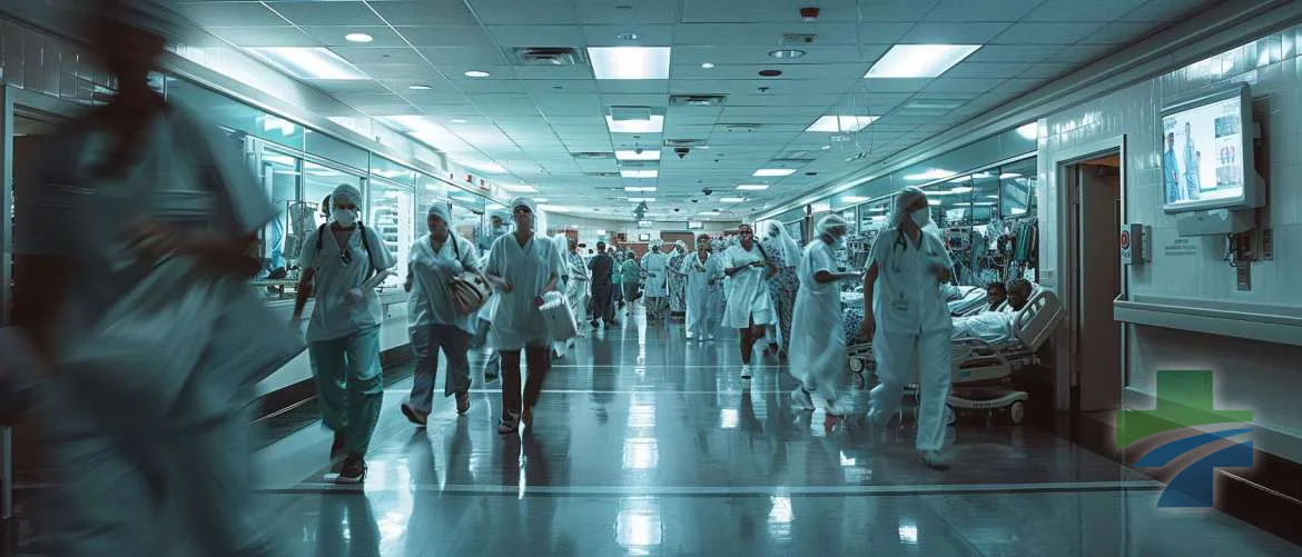Busy hospital scene highlighting nurse shortage and their resilience