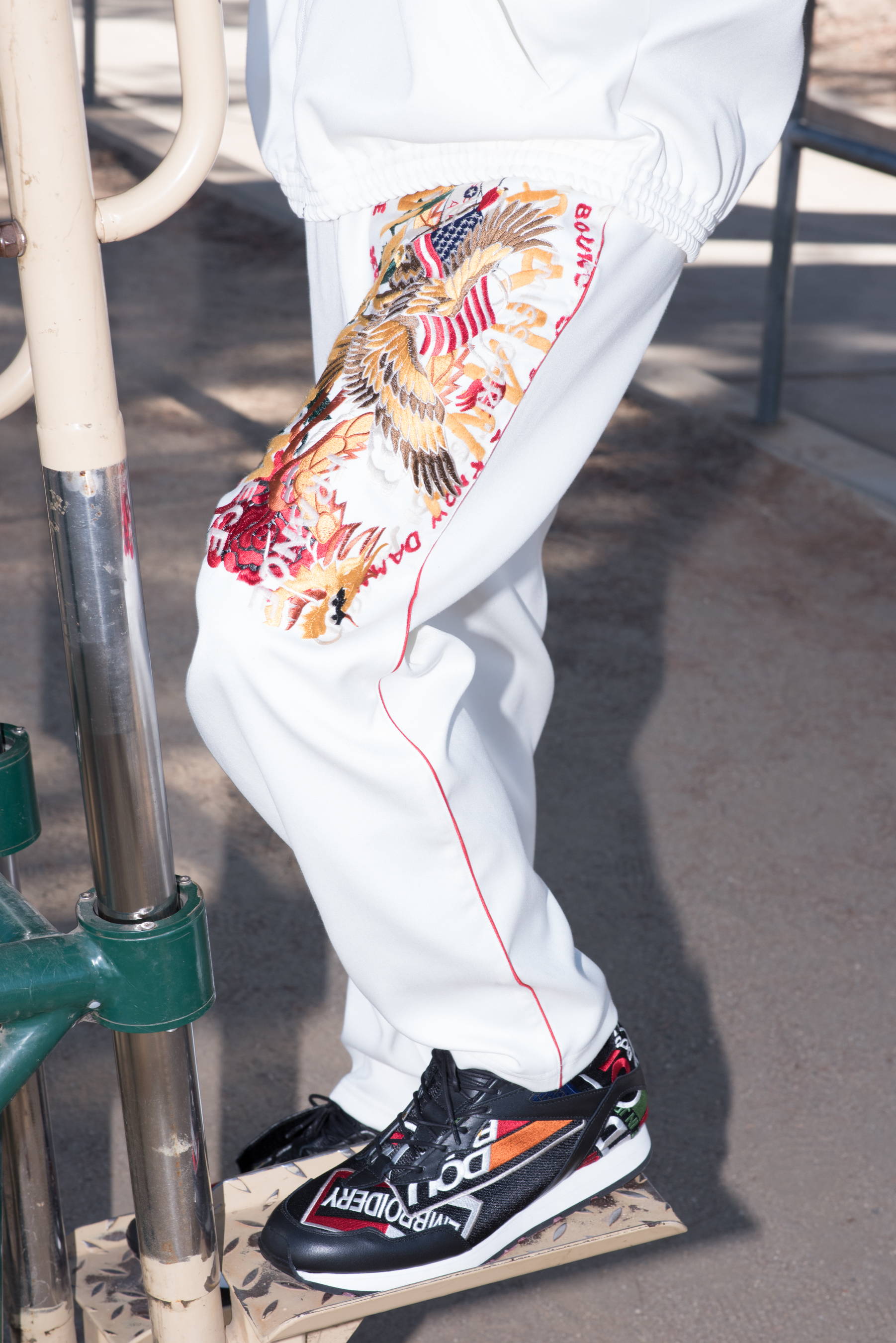 patchwork sneakers & embroidered lounge pant- doublet ss18