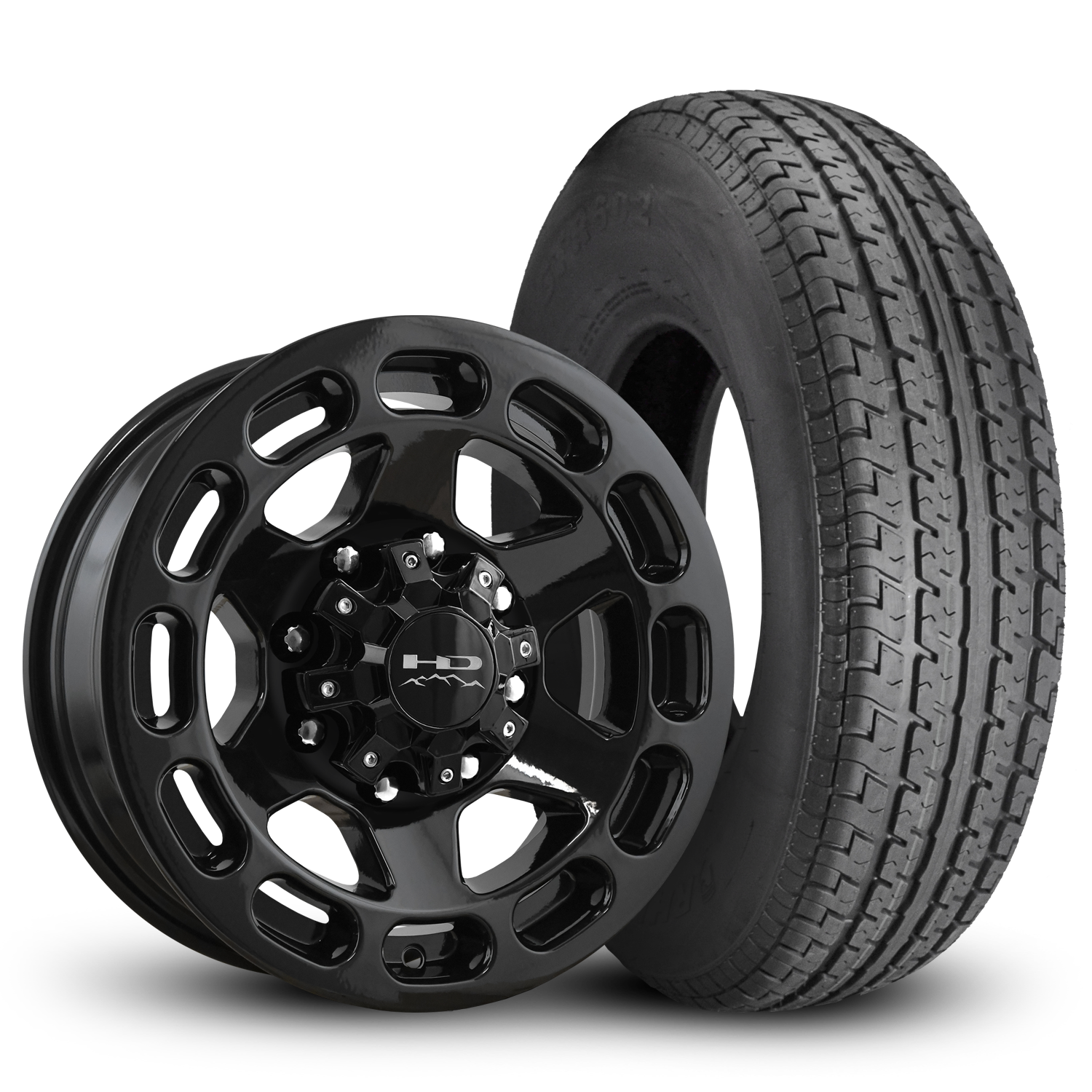 HD Off-Road Patriot Custom Trailer Wheel & Tire packages in 16x6.0 in 8 lug All Gloss Black for Unility, Boat, Car, Construction, Horse, & RV