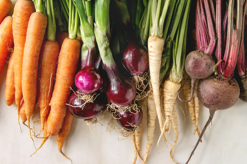 A variety of root vegetables laid out on a table in a line