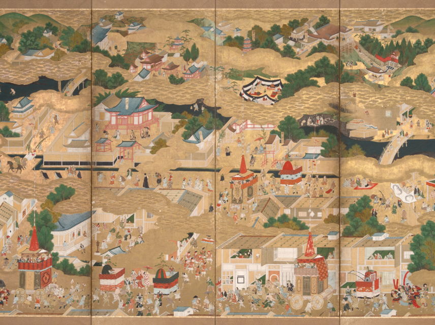 Image:  Scenes in and Around Kyoto (Rakuchu Rakugai-zu)  Japan, mid-17th century  Ink, pigments, and gold leaf on paper  h. 66 in. (167.6 cm); w. 144 in. (365.8 cm)  Purchased with funds provided by the Lillie and Roy Cullen Endowment, 2001.51.a-b